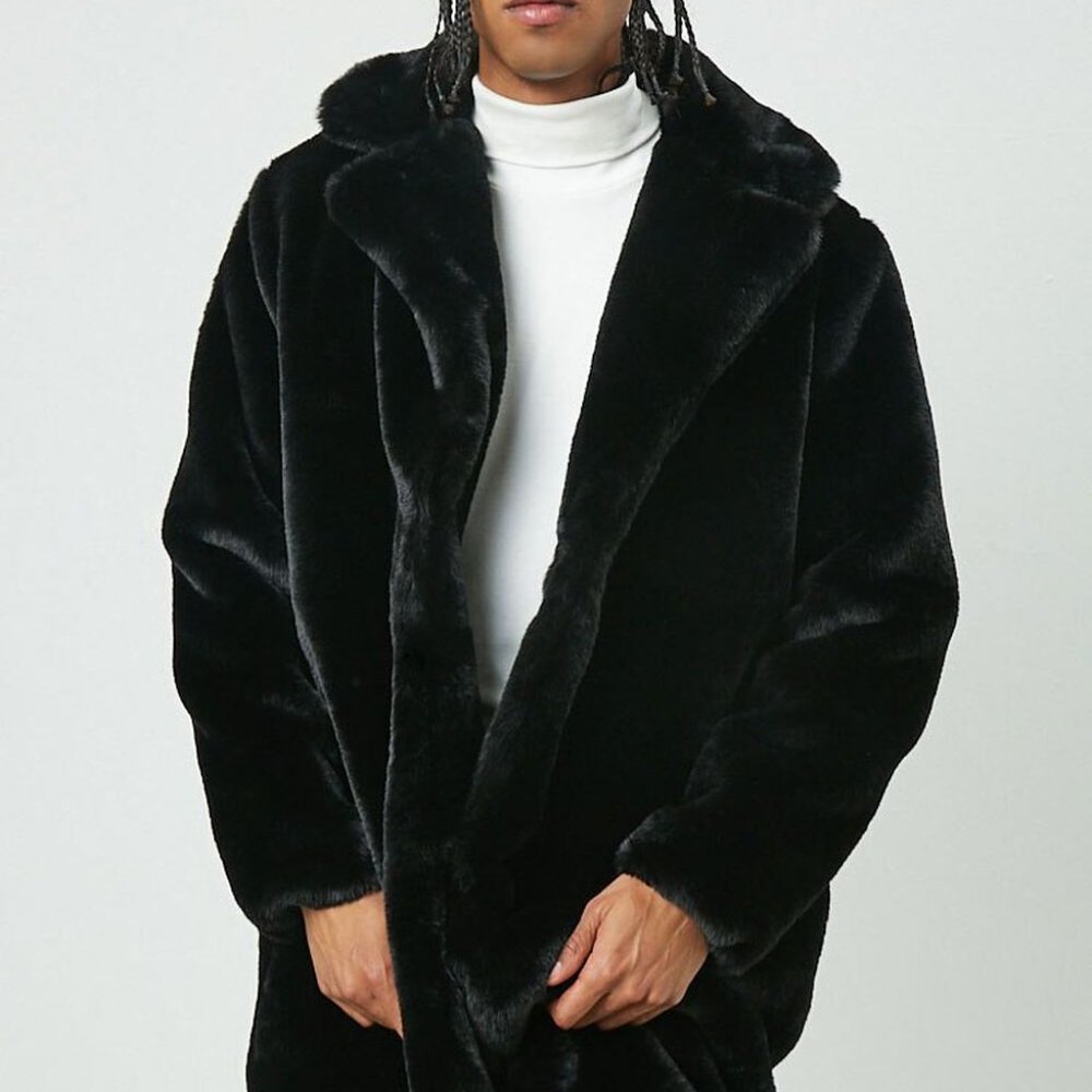 Mens NEW NWT FOREVER 21 Large Faux Fur Longline Jacket